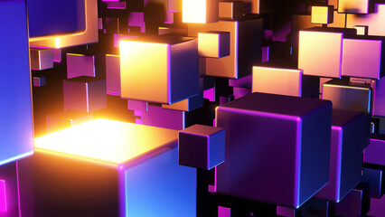 Abstract background 3D, many cubes with neon glow on black, interesting science technology background, 3D render illustration.