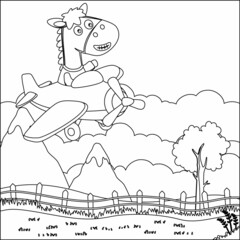 Cartoon illustration of cute horse flying in an airplane with Line Art Design Hand Drawing Sketch Vector illustration For Adult And Kids Coloring Book.