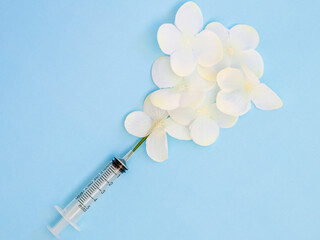Natural white flower and injection syringe on blue background. Top view from above. Creative concept of beauty cosmetic procedure. Healthcare and medical, vaccination. Minimal contemporary composition