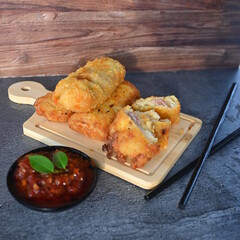 Selective focus risoles sosis mayo (American risoles) or mayonnaise sausage rissole is a small patty rolled in breadcrumbs. it is filled with mayonnaise, boiled egg and sausage.