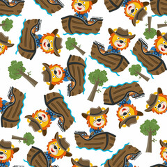 Seamless pattern of funny lion on little boat with cartoon style. Can be used for t-shirt printing, children wear fashion designs, baby shower invitation cards and other decoration.