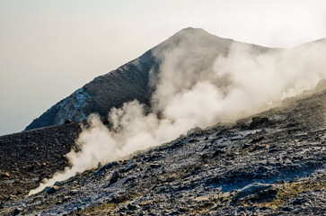 Panoramic view from the top of Volcano, an active volcano. Sicily. Aeolian islands.
