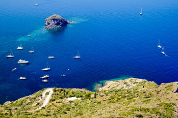 Aerial view of the sea from Punta Perciato, Pollara, Salina. Rocky coastline, Aeolian Islands Archipelago, Sicily, Italy.

