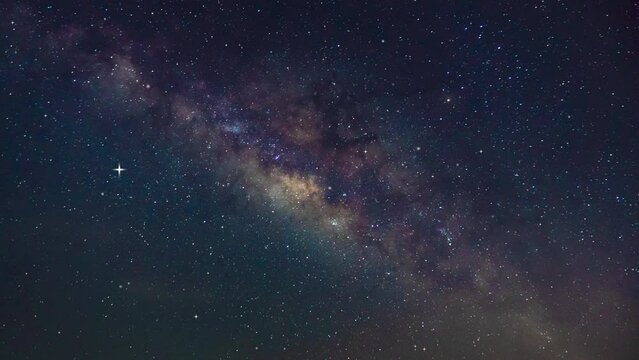 Milky Way galaxy exploration through outer space towards glowing milky way galaxy. 4K looping animation of flying through glowing nebulae, clouds and stars field. Animation video 