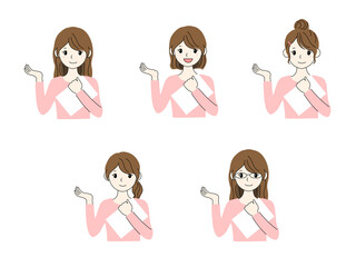 笑顔で書類を片手に案内をする女性のイラストセット