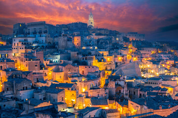 The old town of Matera, Basilicata, Southern Italy during a beautiful sunset.(Sassi di Matera)blue hour and city lights