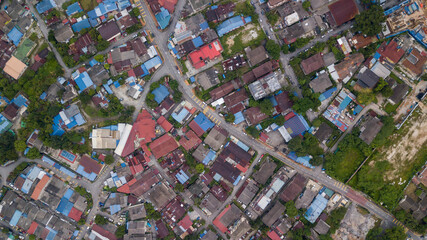 An aerial top down view of houses middle class income at Kampung Baru, Kuala Lumpur