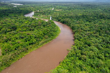 Fototapeta na wymiar Ecuador Amazon Rainforest from above. Pastaza river, near viewpoint the indichuris. Puyo, Ecuador, South America. 