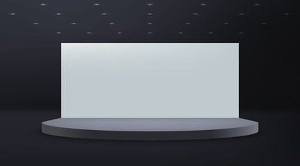3d realistic empty stage with screen on dark background.