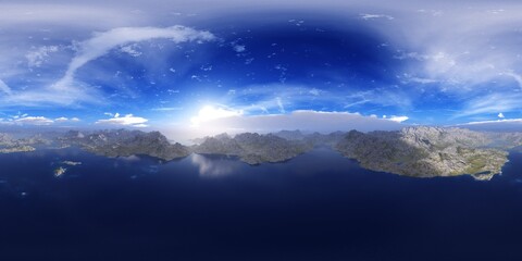 archipelago, sea bay, HDRI, environment map , Round panorama, spherical panorama, equidistant projection, 360 high resolution panorama, 3d rendering