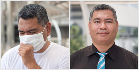 Coughing and sick old man wearing face mask and healthy old man taking off face mask before going...