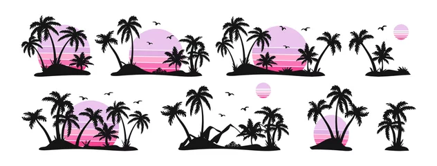 Fototapeten Silhouetten von Palmen und rosafarbenem Sonnenvektor. Reihe von Palmen und Sonnenaufgang-Vektor-Silhouette. tropische landschaft und berge schwarz, veri peri vektorillustration.eps © bleskk
