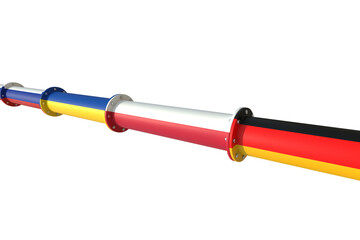 Conceptual representation of a pipeline for transporting combustible hydrocarbons, connecting the Russian Federation, Ukraine, Poland and Germany. 3D illustration. Isolated on a white background.