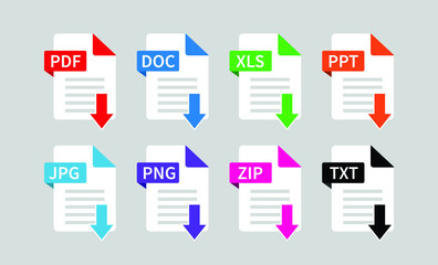 File extension download icons. PDF, PNG, DOC, XLS, ZIP, PPT file Icons