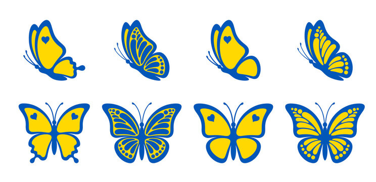 Set Of Contours Of Blue Yellow Monarch Butterflies With Different Wings Isolated On A White Background. Vector Silhouette Of Butterfly Is Perfect For Patriot Sticker, Icon And Decoration Design