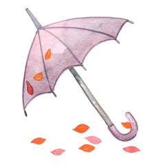 Purple umbrella with fall leaves watercolor for decoration on Autumn seasonal and Natural concept.