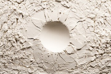 Round crater on white backgroung with crack. Cracked background with a round hole. - obrazy, fototapety, plakaty