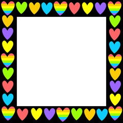 Fototapeta na wymiar Vector square frame, border from color and rainbow hearts. LGBT community concept. Gay Pride Month celebration