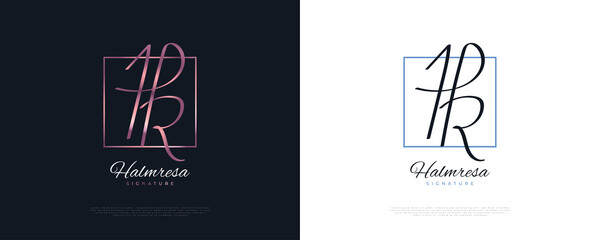 HR Initial Signature Logo Design with Handwriting Style in Pink Gradient. Initial H and R Logo Design for Wedding, Fashion, Jewelry, Boutique and Business Brand Identity