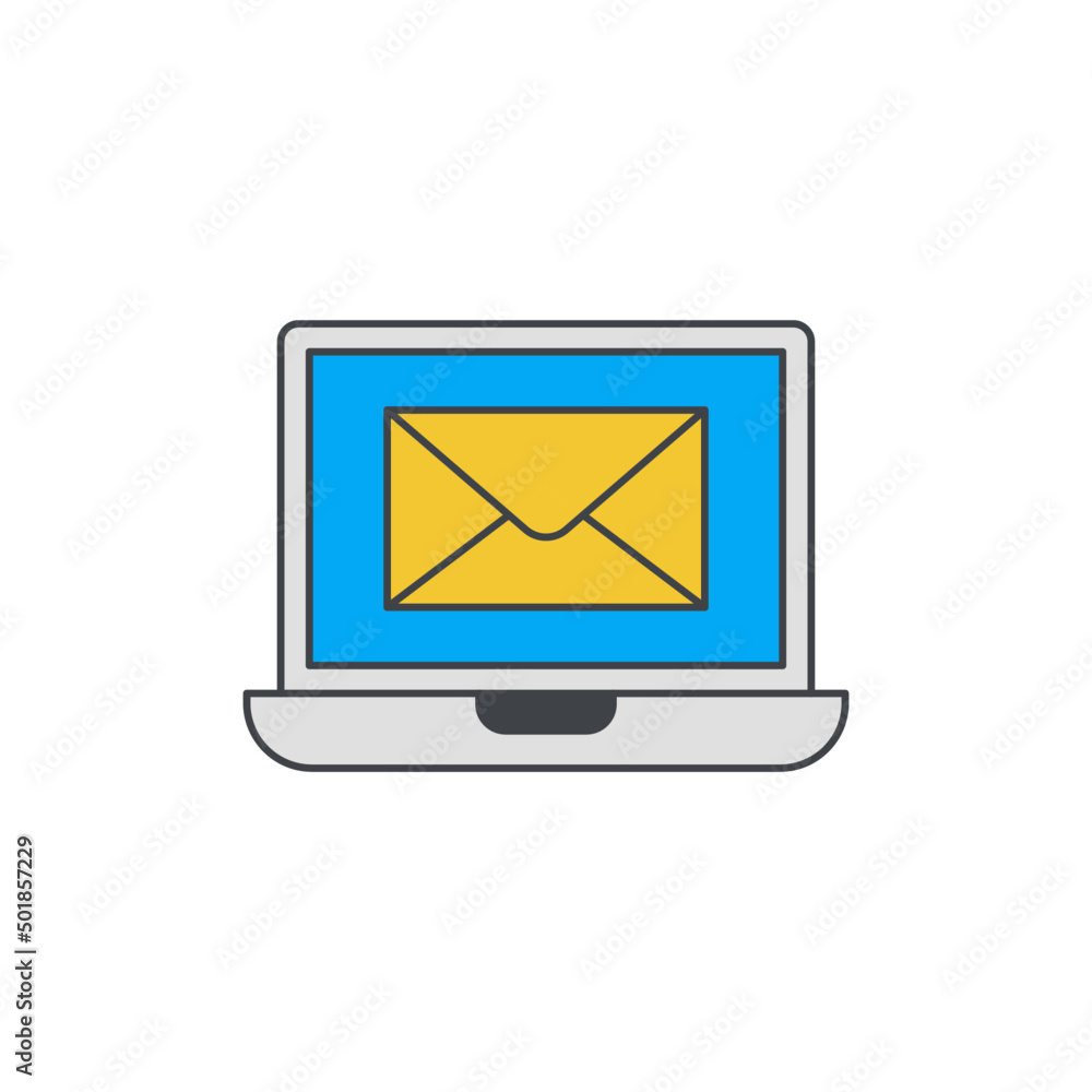 Poster email symbol displayed on laptop icon in color, isolated on white background