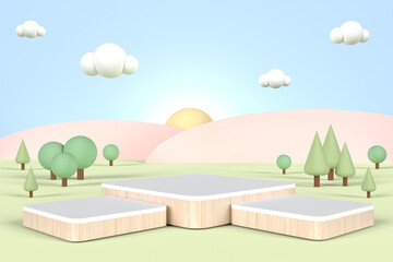 A set of wooden square display podiums with the miniature forest background in pastel tone colors. 3D rendering.