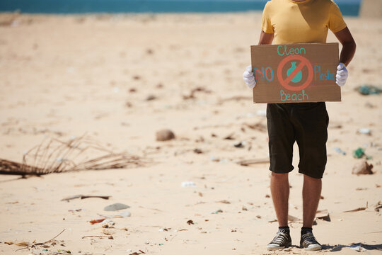 Cropped image of volunteer holding protest sign with no plastic and beach clean inscription