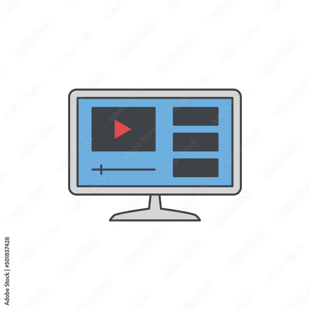 Poster online video streaming on computer icon in color, isolated on white background