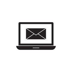 Email symbol displayed on laptop icon in black flat glyph, filled style isolated on white background