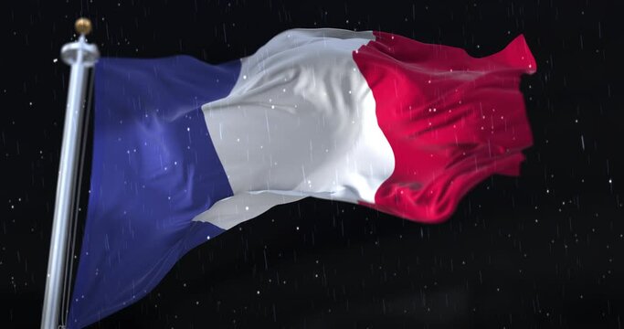 France Flag Waving with rain and snow in the night. Loop