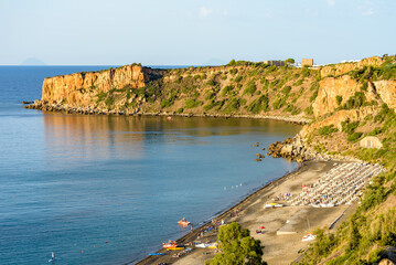 View of the beautiful Torre Conca beach and cape Rais Gerbi, a quiet small gulf in Finale di...