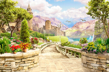Beautiful vintage background. Ancient city, towers. Murals and photo wallpapers. Illustration.