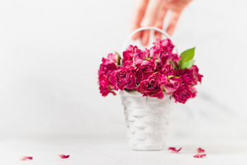 Pink roses bouquet of dried flowers with defocused woman's wrist take of wicker white basket with fresh green leaves and petals in sunny soft light interior on table, marble tile wall, copy space.