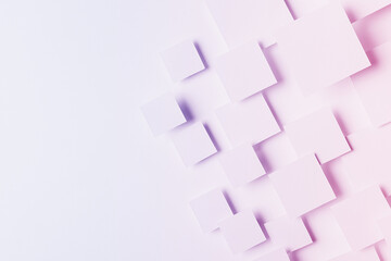 Tender very peri and pink abstract geometric pattern of rhombuses in shining light with soft shadows, top view, border, copy space. Simple romantic background for advertising, design.