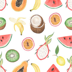 Watercolor tropical fruits seamless pattern, hand drawn summer fruit repeat paper, watermelon, coconut and banana paper, eco food scrapbook paper.