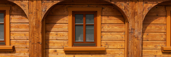 Naklejka na ściany i meble Panoramic image of a restored traditional wooden house in Lusatia. Saxony. Germany