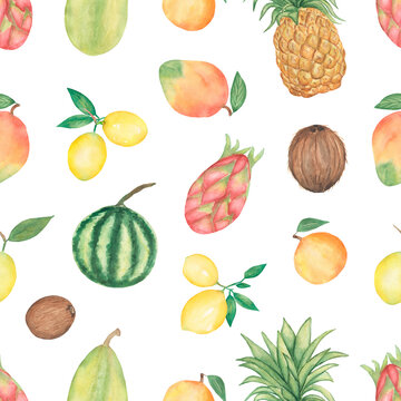 Watercolor tropical fruits seamless pattern, hand drawn summer fruit repeat paper, watermelon, coconut and pineapple paper, eco food scrapbook paper.