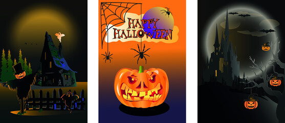 A set of vector posters for Halloween. Illustrations with characters: ghosts, pumpkin; scary castle; house in the forest; scarecrow; bats.