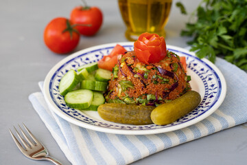 Healthy food, bulgur salad (kisir). Traditional delicious Turkish foods