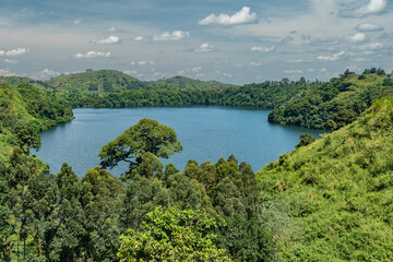 Fototapeta na wymiar Lush, green landscape surrounding Lake Nyinambuga, an ancient volcanic caldera filled with blue water, part of the crater region in western Uganda, Africa