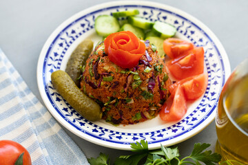 Healthy food, bulgur salad (kisir). Traditional delicious Turkish foods