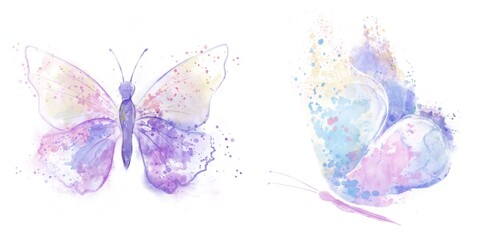 Obraz na płótnie Canvas Set of two abstract butterflies with beautiful wings, with blotches and splashes on an isolated white background. Watercolor illustration for designers, typography, books, cards, for printing products