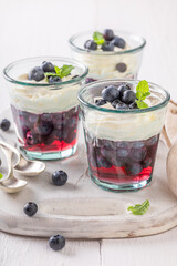 Sweet blue jelly made of blueberries and whipped cream.