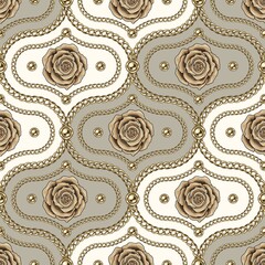Seamless beige vintage damask pattern with gold chains, beads, roses. Diagonal composition. Fashion illustration. Classic background. Vector