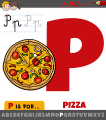 letter P from alphabet with cartoon pizza food object