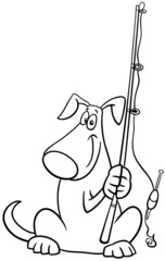 cartoon dog with fishing rod coloring book page