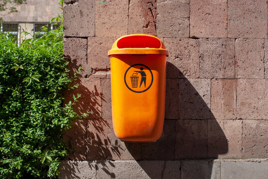 Greenery and orange trash can on the brick wall under the sun