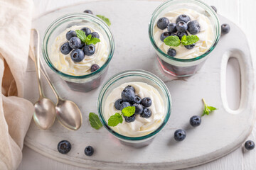 Delicious blue jelly with blueberries, cream and mint.