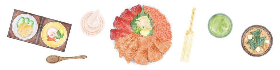 上から見た海鮮丼の手描き水彩風イラスト