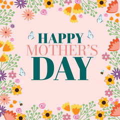 Happy Mother's day grreting card with floral ornament on pink background