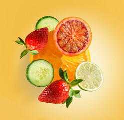 Flying fruits and vegetables group with sliced grapefruit, cucumber, lemon, orange and strawberry levitating on orange background. Healthy refreshing summer food. Front view.